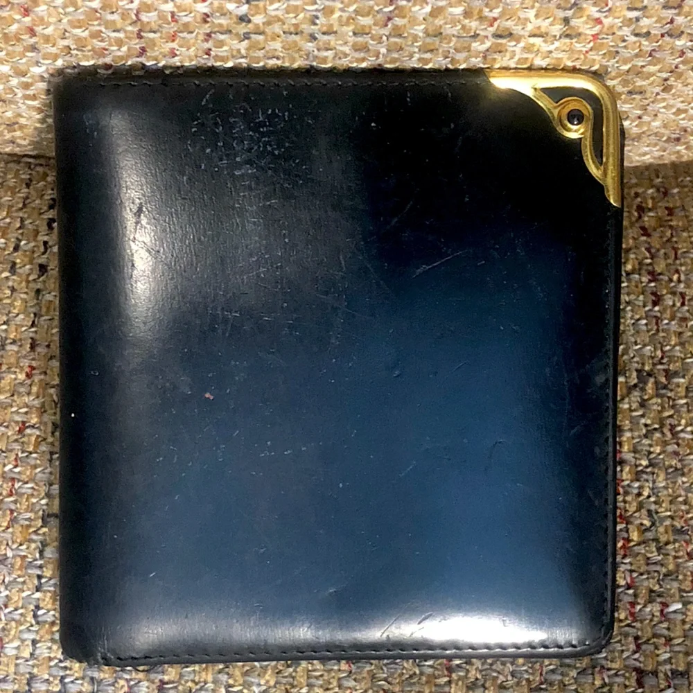 CARTIER Black Leather Sapphire Gold Bifold Wallet Coin Pocket Made In France